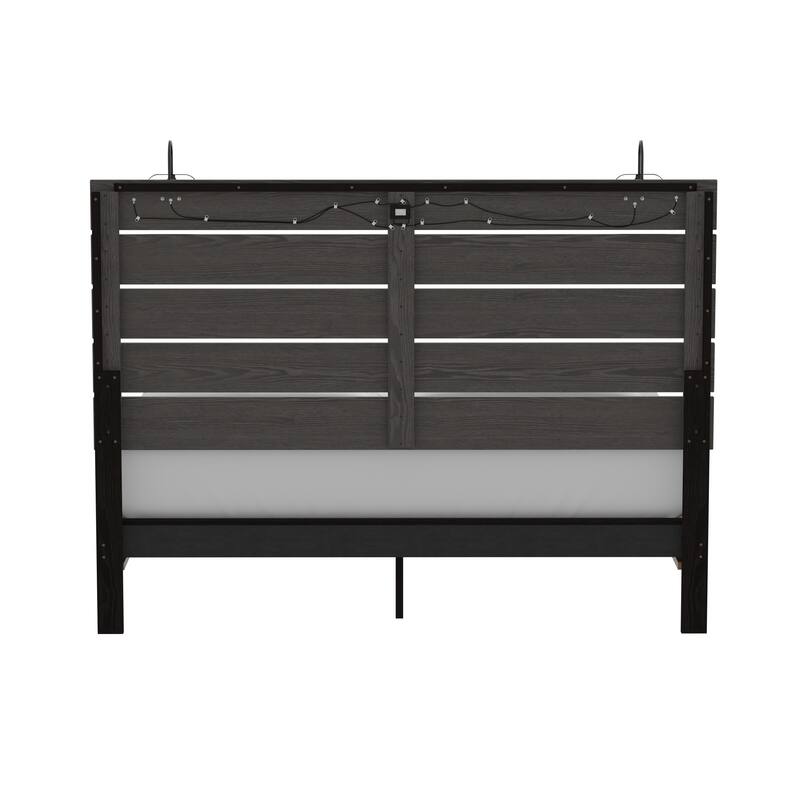 Queen Size Engineered Wood Modern Panel Bed with Built-In Lights