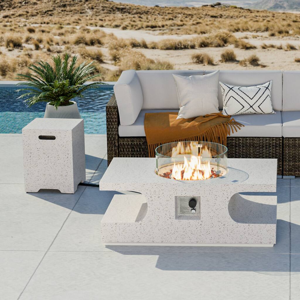 VENTOPYR Outdoor Patio White Fire Pit Coffee Table with Wind Guard, Tank Cover Table