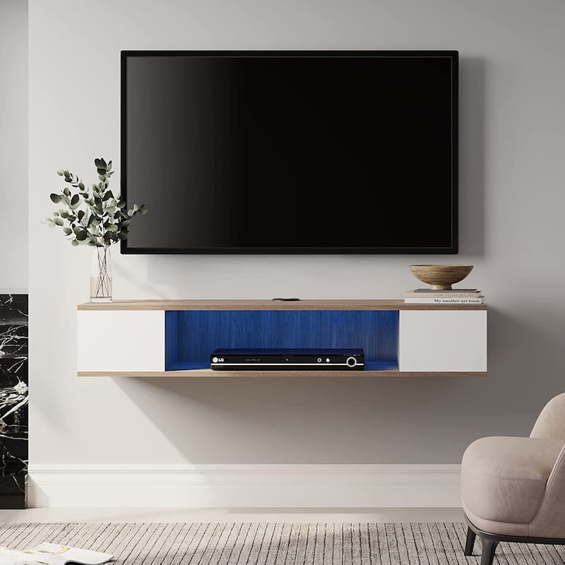 FITUEYES Floating TV Stand Wall Mounted Entertainment Center Media Console Wood Wall TV Shelf, Gray &Creamy White - White&Oak Gray&Blue Light