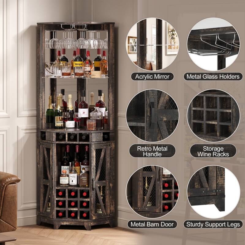 72" Tall Farmhouse Bar Storage Cabinet with Barn Door, Acrylic Mirror and Glass Rack