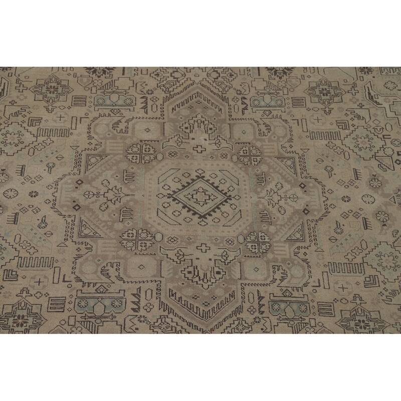 Distressed Geometric Tabriz Vintage Persian Rug Handmade Wool Carpet - 9'7" x 13'1"