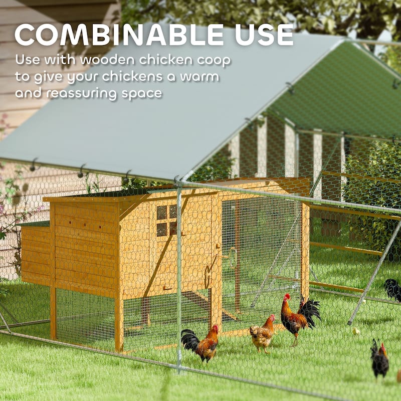 PawHut Chicken Run, Large Metal Chicken Coop w/ Waterproof & Anti-UV Cover, Feeding Door, Hanging Feeder, Perch