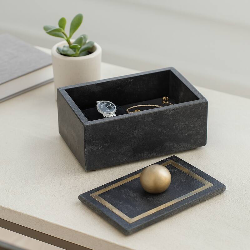 Marble Rectangular Box with Removable Lid - Home Decor - Black - 7" x 5" x 4.5"