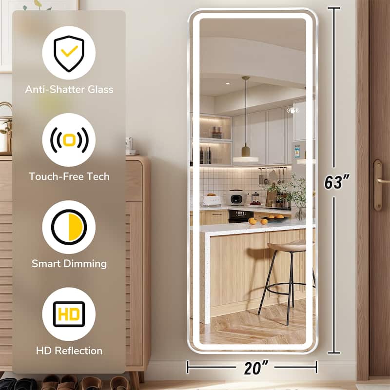 Full Length Floor Mirror with LED Light - Touch Control,Wall Mounted Bedroom Mirror for Adjustable Lighting