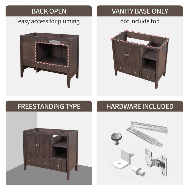 36" Bathroom Vanity Base Only, Solid Wood Frame and MDF Boards for Kitchen, Living Room or Entryway