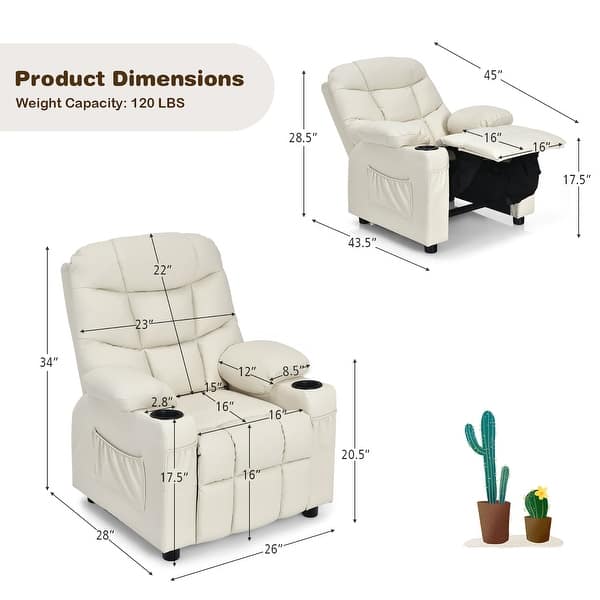 dimension image slide 0 of 4, Costway Kids Youth Recliner Chair PU Leather w/Cup Holders & Side