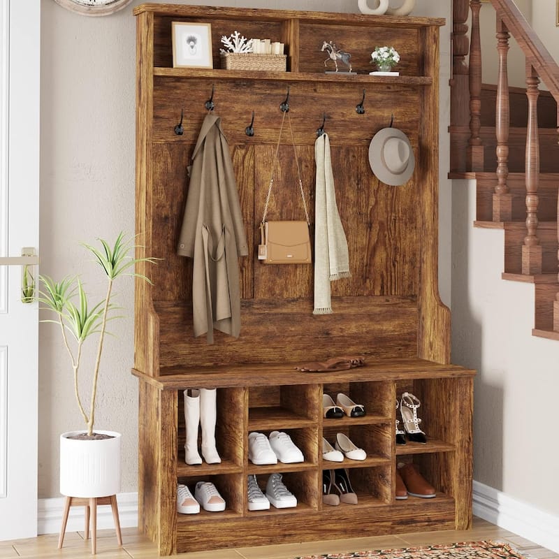 Hall Tree Storage Bench 3-in-1 Entryway Bench Coat Rack - Brown