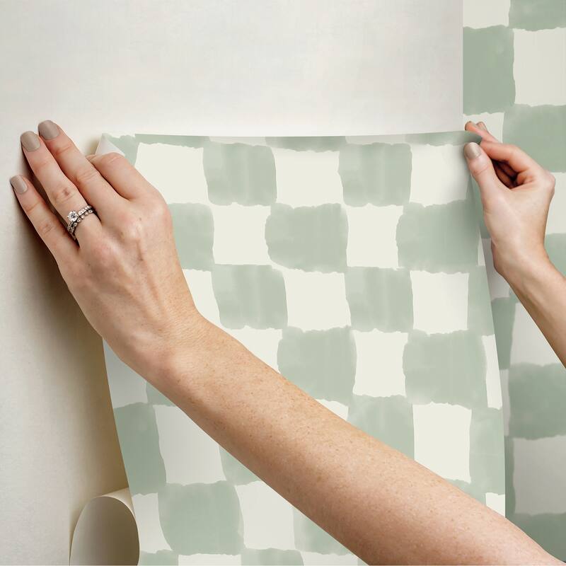 RoomMates Tess Watercolor Checker Sage Green Peel and Stick Wallpaper
