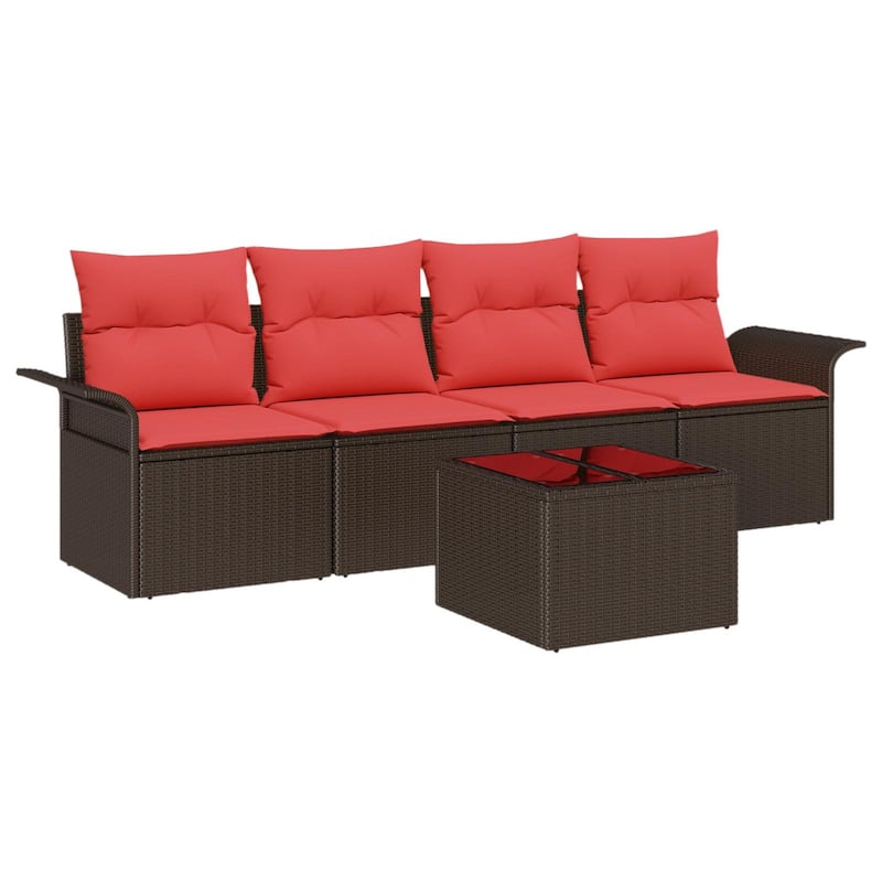 vidaXL 5-Seater Garden Sofa with Cushions Black/Brown/Grey Poly Rattan - 24.4 x 98.8 x 27.2