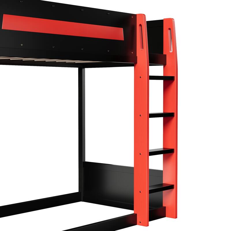 Gaming Bunk Bed with Computer Desk, Storage Shelves, USB Port and LED Strip Lighting, Esports Design, Wooden Gaming Bed