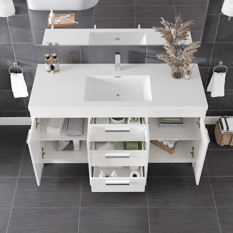 Eviva Lugano 60"W x 20"D Bathroom Vanity with White Acrylic Countertop and Integrated Sink