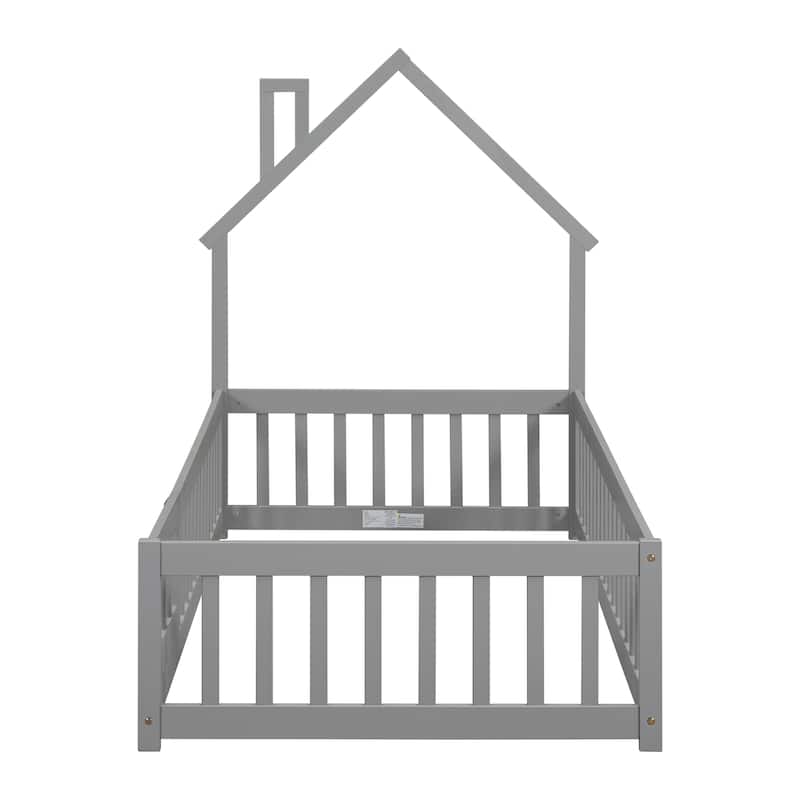 Pine Wood House-Shaped Headboard Floor Bed with Fence for Kids, Boys and Girls