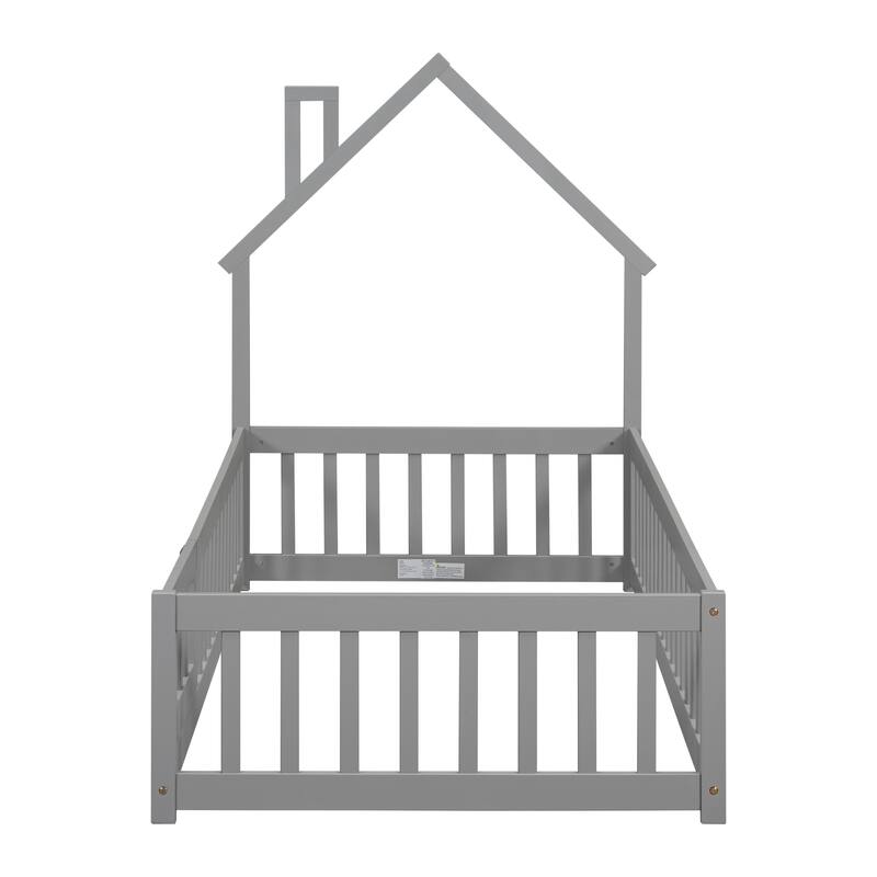 Twin House-Shaped Headboard Floor Bed with Fence, Fun & Safe Kids Bed