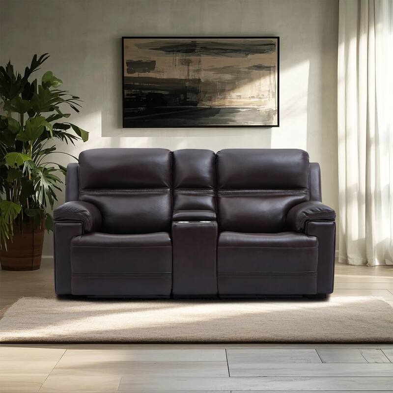 Genuine Leather Dual Power LoveSeat with Console, Adjustable Headrest, Footrest, USB/Type-C & Zero Gravity - DarkBrown