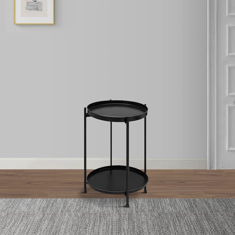 Vica 15 Inch Modern Side End Table, Metal Round Tray Top Foldable Legs, Black