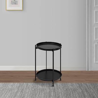 Vica 15 Inch Modern Side End Table, Metal Round Tray Top Foldable Legs, Black
