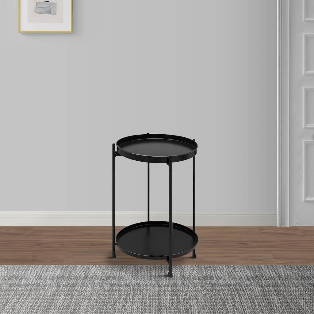 Vica 15 Inch Modern Side End Table, Metal Round Tray Top Foldable Legs, Black