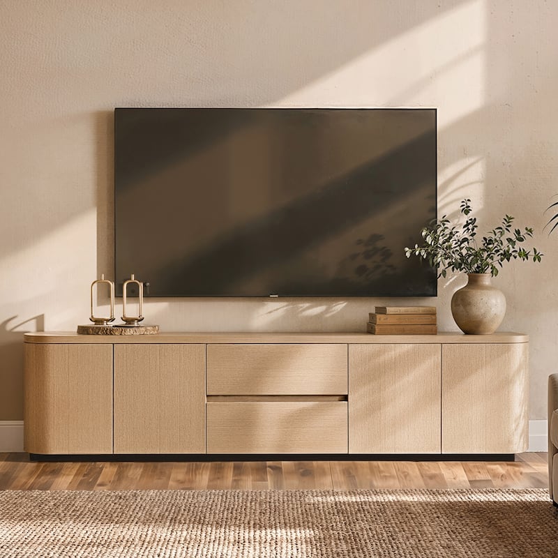 Modern Oak Wood TV Stand with 2 Drawers and Cabinets, 86.6" Long Media Console with Push-to-Open Doors, Anti-Tip Safety Design