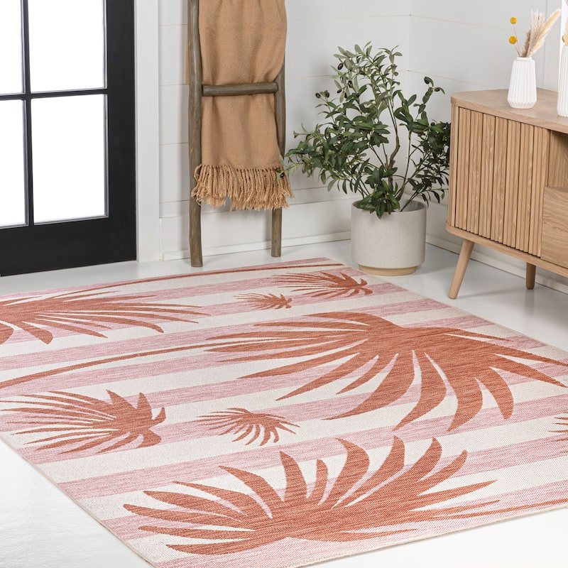 JONATHAN Y Veronica Classic Beach Stripe and Palm Leaf Indoor/Outdoor Area Rug