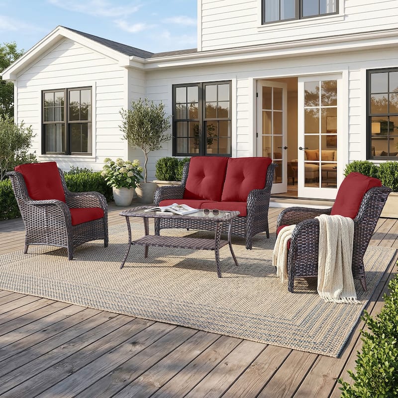 Pocassy Outdoor Patio Wciker Sofa Furniture Set of Chair Table. - Brown Wicker with Red Cushion - 4-Piece Loveseat Sofa Chair w/ Coffee Table