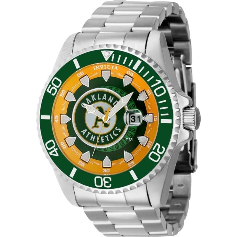Invicta Men's 43473 MLB Oakland Athletics Quartz Multifunction Green, Yellow, Silver, White Dial Watch - Green