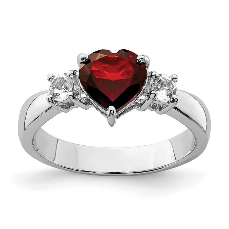 Curata 925 Sterling Silver Rhodium Plated Love Heart Garnet and White Topaz Ring