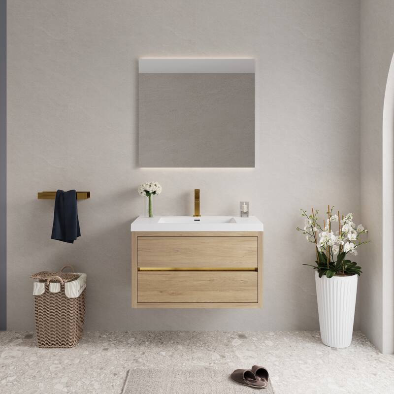 Wall-Mounted Bathroom Vanity with Stone Resin Top - 35.43'' x 19.69'' x 22.44'' - Natural Oak