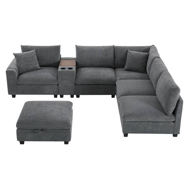 Convertible Modular Sofa 6 Seat Sectional Corduroy Couch with Side Pockets, Cup Holder, USB and Storage Ottoman for Living Room