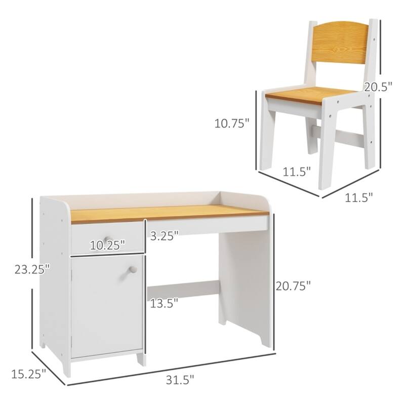 Kids Desk and Chair Set with Storage Drawer MDF White for Ages 3 to 6 Study and Art Activities - 31.5" L x 15.25" W x 23.25" H