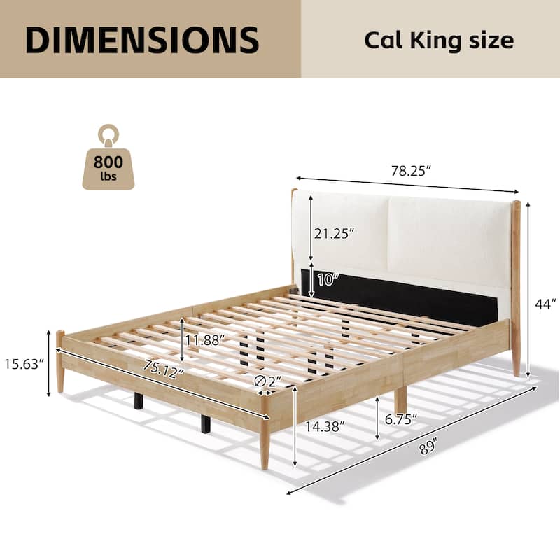 Christopher Knight Home - Elara Damare Queen Bed with Solid Rubberwood Frame, Boucle Upholstered Headboard