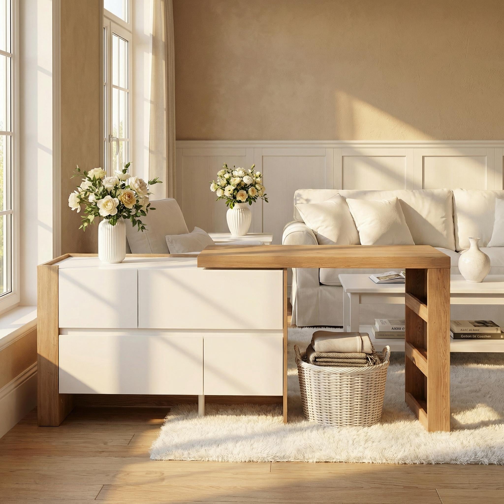 Versatile L-Shaped Desk and Vanity - White & Light Walnut Bedroom Desk