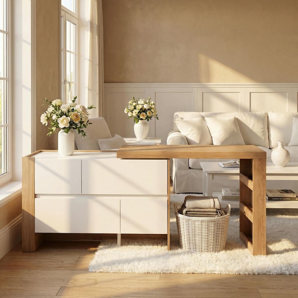Versatile L-Shaped Desk and Vanity - White & Light Walnut Bedroom Desk