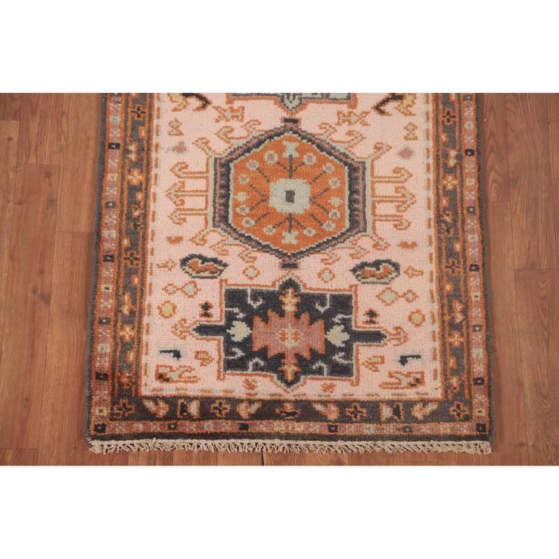 Geometric Pink Kazak Runner Rug Handmade Oriental Wool Carpet - 2'7"x 9'11"