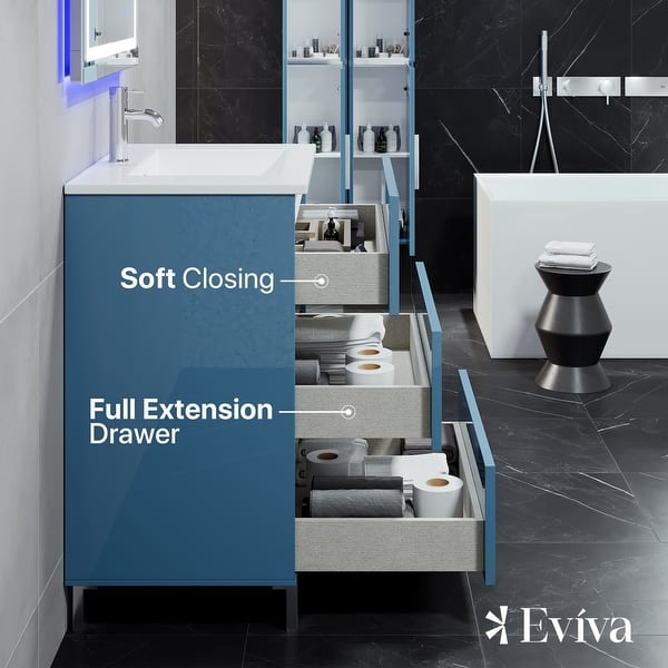 Eviva Olivia 28 in. W x 14 in. D x 34 in. H Single Sink Freestanding Bath Vanity in Blue with White Porcelain Top