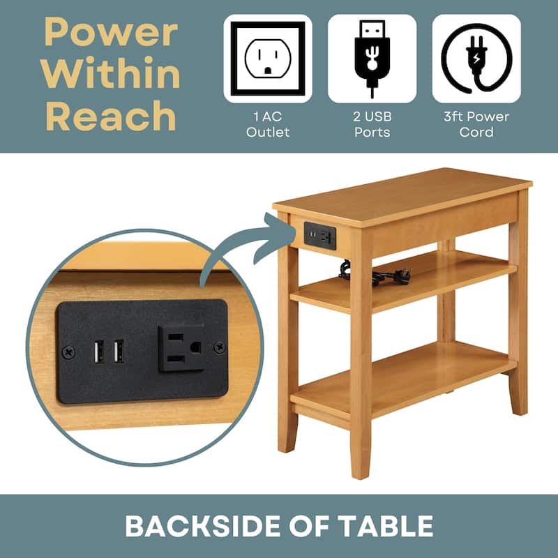 Chairside End Table with One Drawer, USB Ports, Plug Outlet and Shelves, Functional Storage Side Table with Charging Station