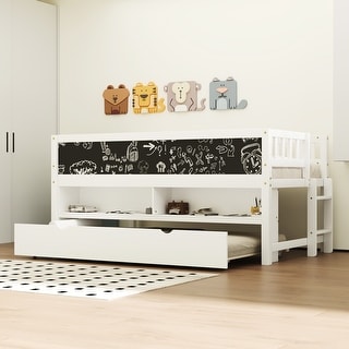 Twin Size Loft Bed, Wood Low Loft Bed with Storage Shelves, Blackboard, Trundle and Ladder Wooden Bed Frame No Box Spring Needed