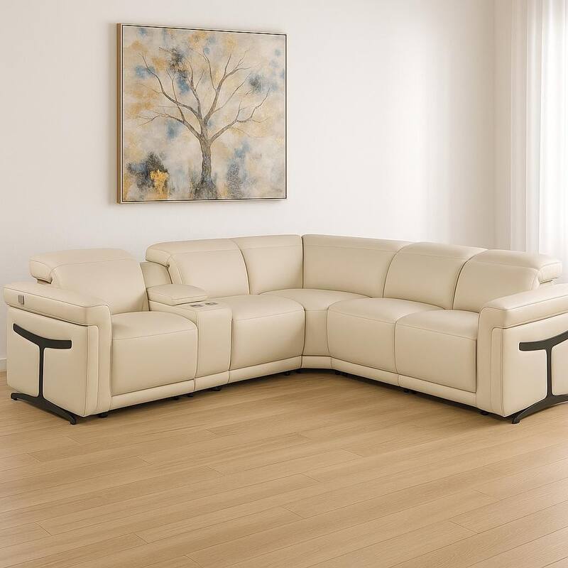 HomeRoots Beige Italian Leather Modular L Shaped Six Piece Corner Sectional With Console - Reversible - Beige