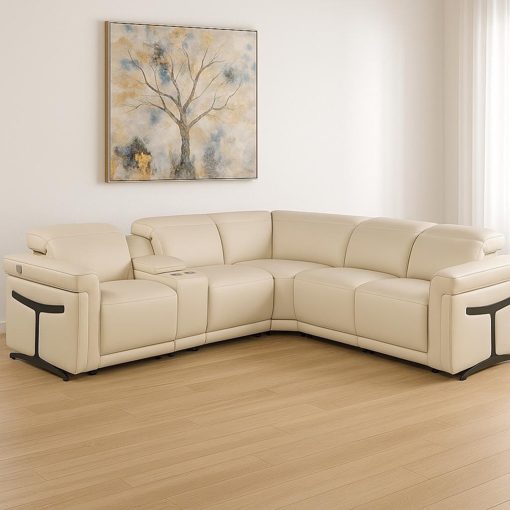 HomeRoots Beige Italian Leather Modular L Shaped Six Piece Corner Sectional With Console
