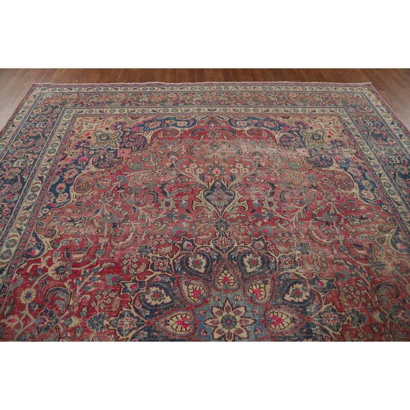 Distressed Mashad Persian Antique Area Rug Hand-Knotted Wool Carpet - 9'5" x 12'5"