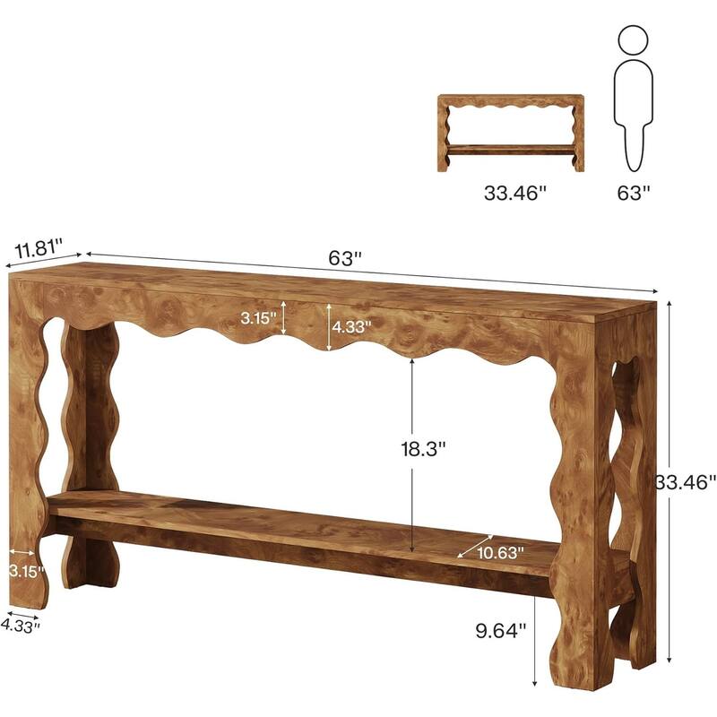 63 Inch Console/Entryway Table, Modern Rustic Entry Table with Scalloped Edge & Storage Shelf