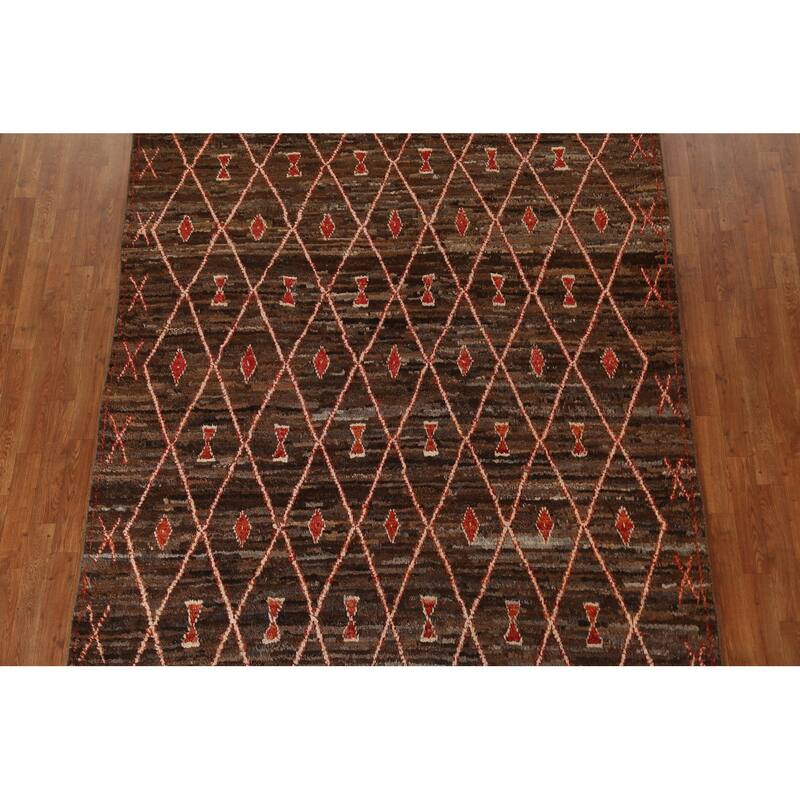 Hand Knotted Oriental 100% Wool Carpet Tribal Trellis Brown Moroccan Area Rug - 9' 11'' X 6' 8''