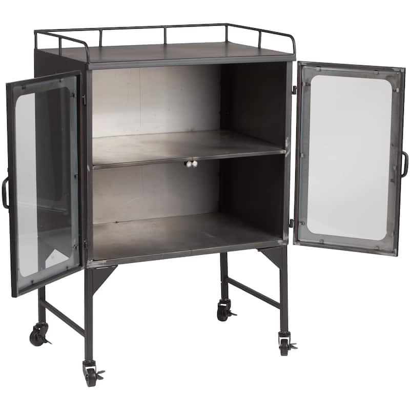 Metal Cabinet with Glass Doors and Wheels