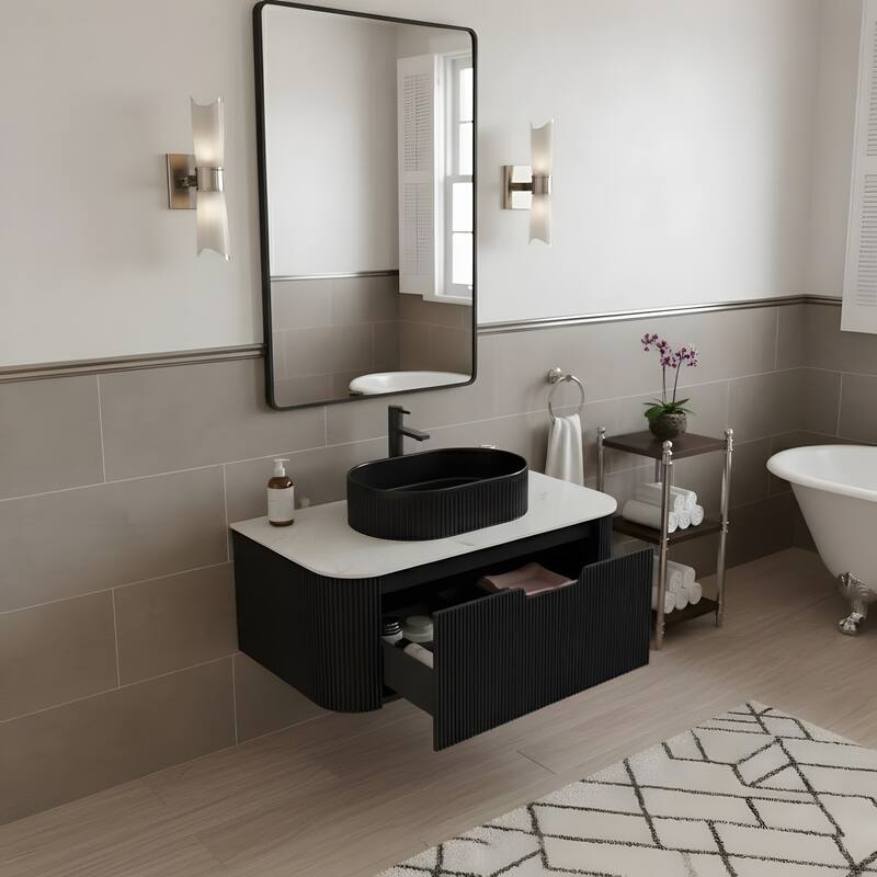 Wall Mounted Bathroom Vanity with Black Oval Ceramic Basin