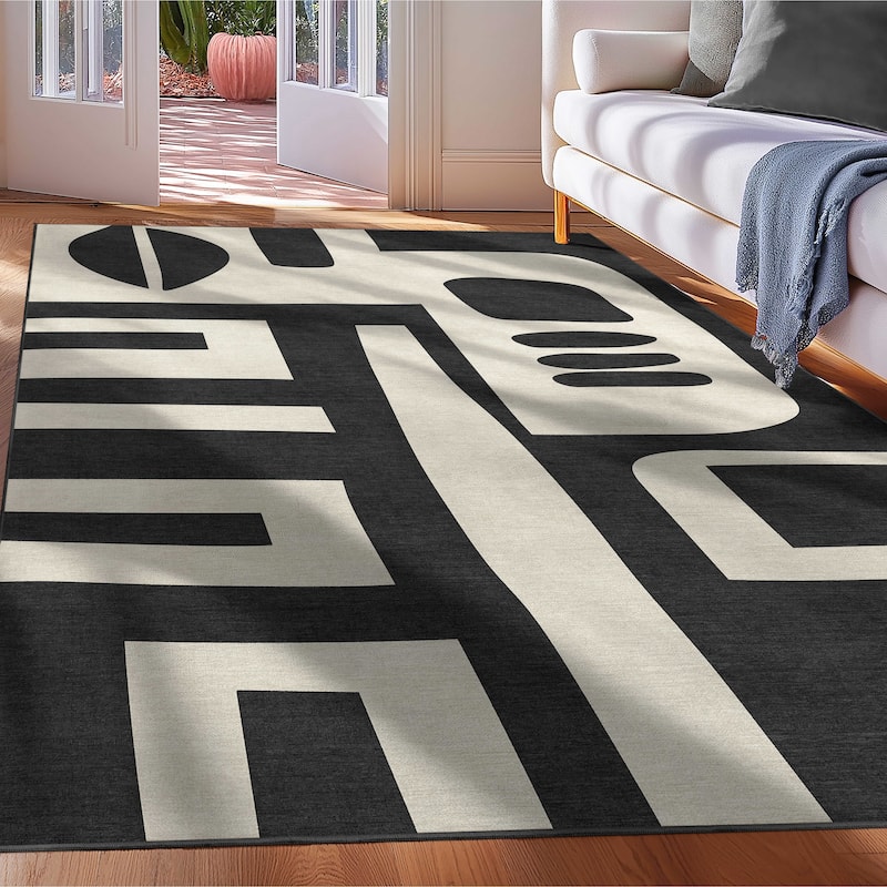 Well Woven Apollo Elemental Canyon Geometric Low Pile Area Rug - 5'3" x 7'3" - Beige Black