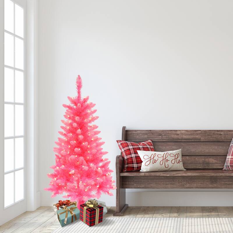 Puleo International 4' Pre-Lit Fashion Pink Pine Artificial Christmas Tree