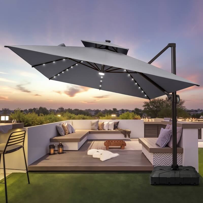 9x11 FT Daul Top Outdoor Patio Cantilever Umbrella Solar LED Lighted with Wheel Base