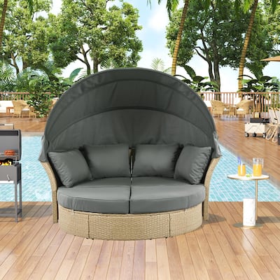 Outdoor Convertible Patio Daybed, Wicker Rattan Round Sofa Set