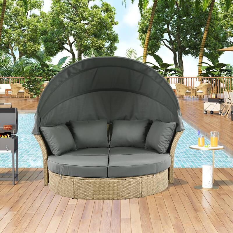 Outdoor Wicker Rattan Double Daybed with Canopy & 4 Pillows - Grey