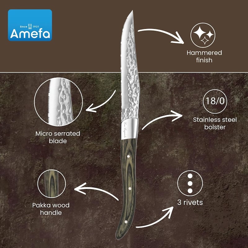 Amefa Set of 6 Lou Laguiole Vulcano Steak Knives - Silver and Pakka Wood