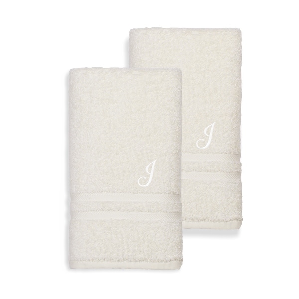 Authentic Hotel and Spa Omni Turkish Cotton Terry Set of 2 Cream Hand Towels with White Script Monogrammed Initial - J